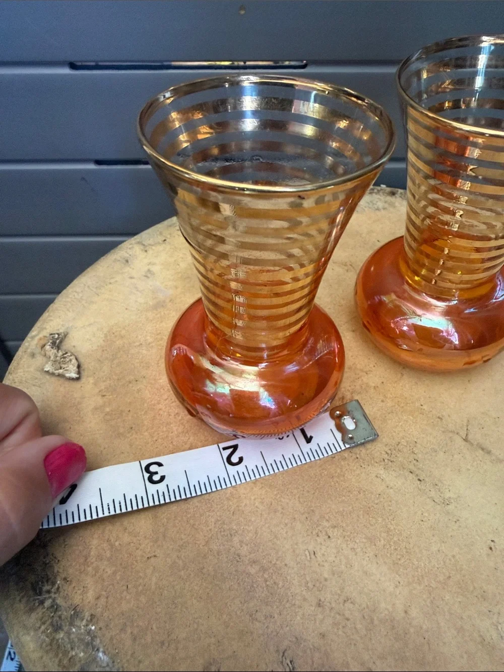 Vintage Bartlett Collins marigold iridescent carnival glass bud vases